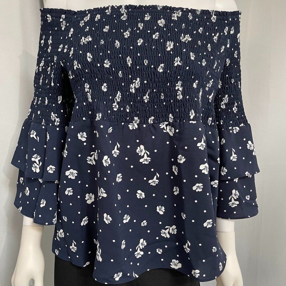 Bar III Bell-Sleeve Floral Off-The-Shoulder Smocked Boho Top